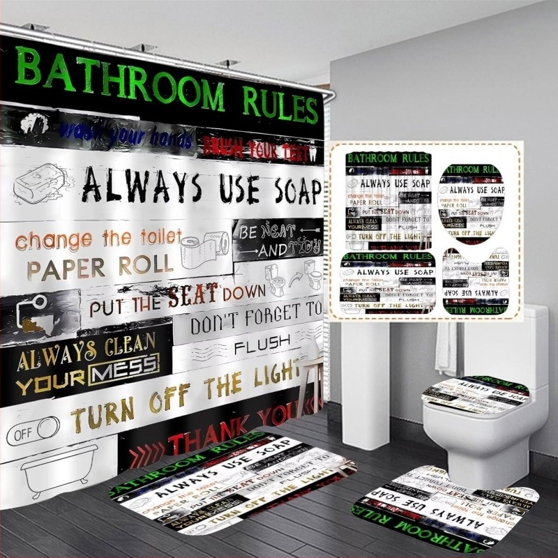 Set de perdele de duș cu model de lemn și litere pentru baie, set de 4 piese, accesorii decorative negre pentru baie, pernă în formă de U