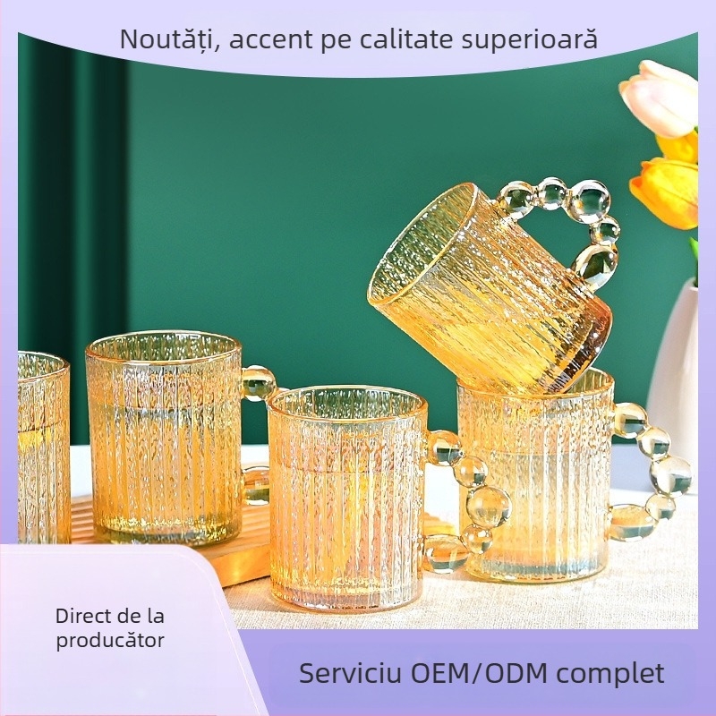 Cana de sticlă cu mâner colorat, îngroșată și rezistentă la temperaturi ridicate, cană de cafea de calitate superioară pentru uz casnic, cană de apă gravată, en-gros din fabrică