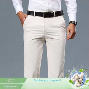 Pantaloni de primăvară și toamnă pentru bărbați, pantaloni din bumbac pur, pantaloni casual de afaceri pentru tata, pantaloni largi de vârstă mijlocie, pantaloni cu picior drept