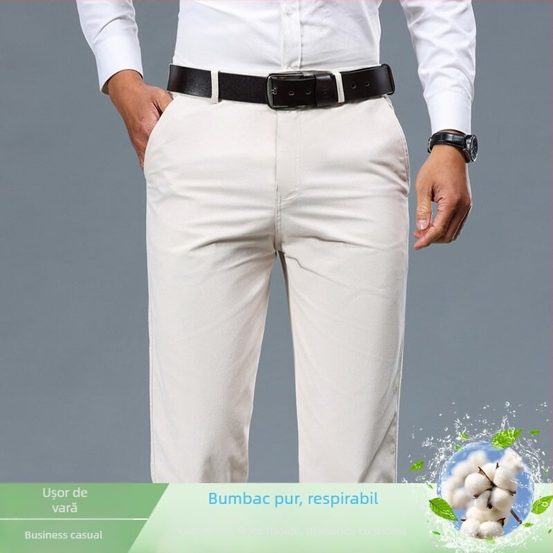 Pantaloni de primăvară și toamnă pentru bărbați, pantaloni din bumbac pur, pantaloni casual de afaceri pentru tata, pantaloni largi de vârstă mijlocie, pantaloni cu picior drept