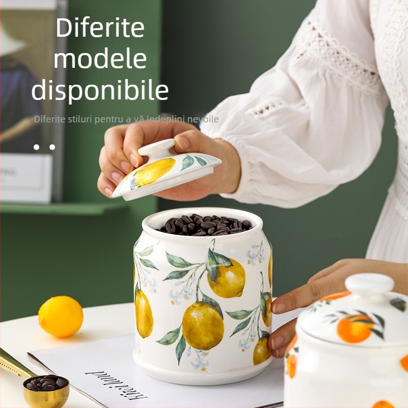 Borcan ceramic de depozitare în stil nordic, pentru uz casnic, pentru cafea și gustări, pentru bucătărie, cu capac, pentru untură de porc sau cereale
