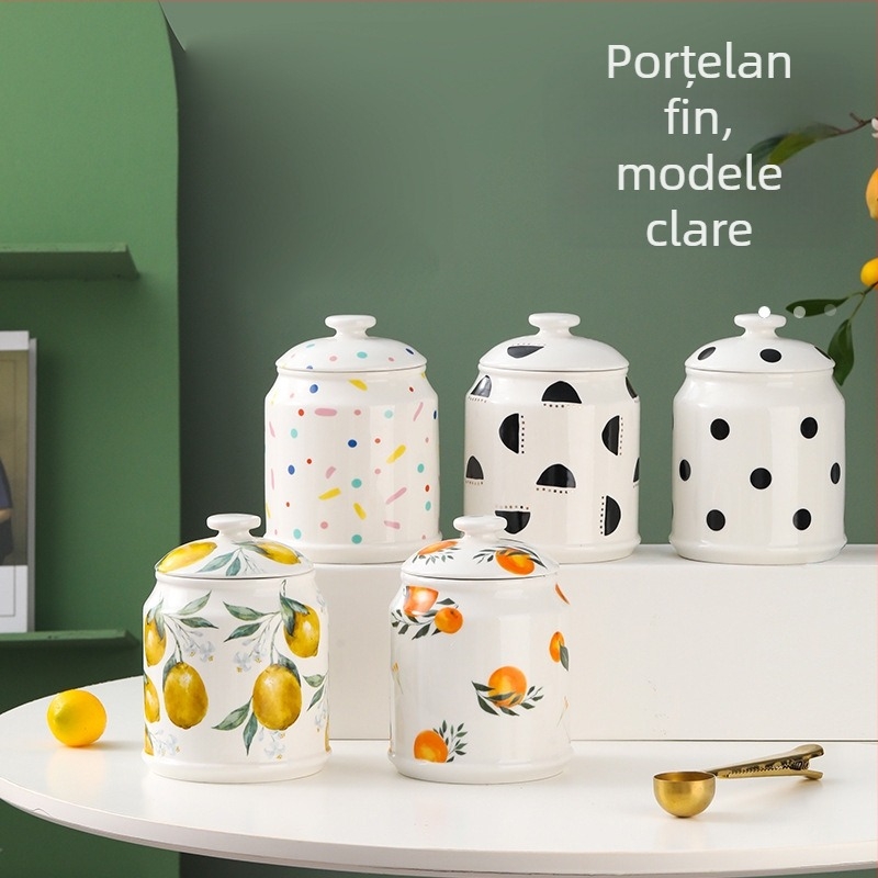 Borcan ceramic de depozitare în stil nordic, pentru uz casnic, pentru cafea și gustări, pentru bucătărie, cu capac, pentru untură de porc sau cereale