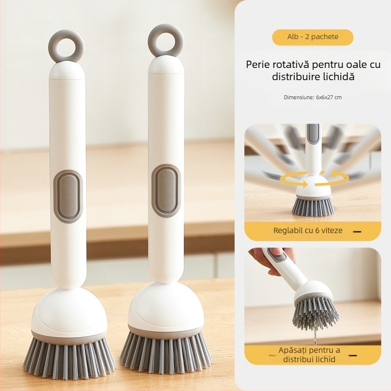 Perie rotativă pentru oale Chunke cu adaos de lichid pentru spălarea vaselor și oalelor, perie pentru oale cu adaos de lichid de bucătărie, perie de curățare rotativă cu mâner lung