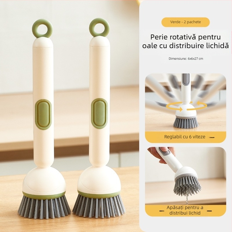 Perie rotativă pentru oale Chunke cu adaos de lichid pentru spălarea vaselor și oalelor, perie pentru oale cu adaos de lichid de bucătărie, perie de curățare rotativă cu mâner lung