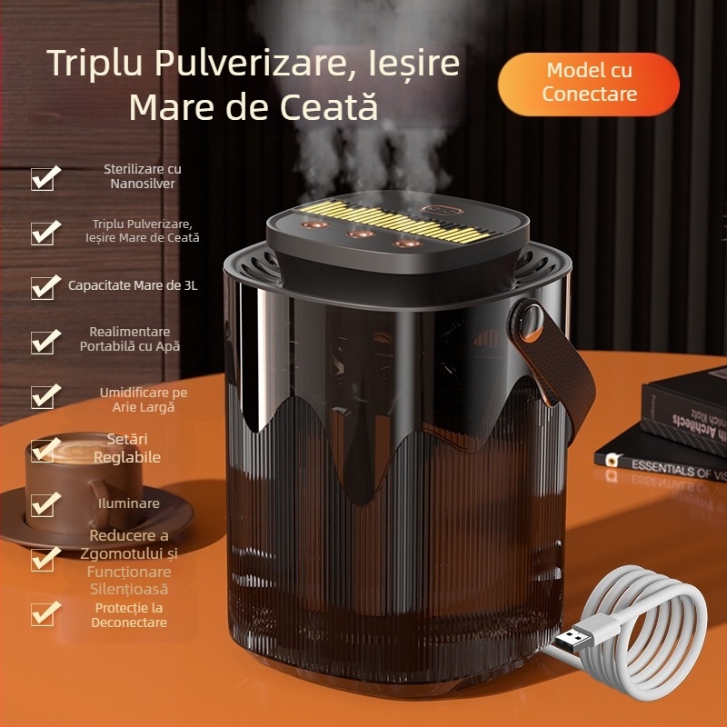 Umidificator transfrontalier nou cu trei pulverizări, pulverizator mare, 3L, capacitate mare, umidificator pentru bebeluși gravide, mut, cu lumină de noapte