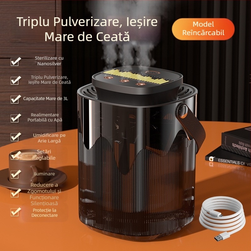 Umidificator transfrontalier nou cu trei pulverizări, pulverizator mare, 3L, capacitate mare, umidificator pentru bebeluși gravide, mut, cu lumină de noapte