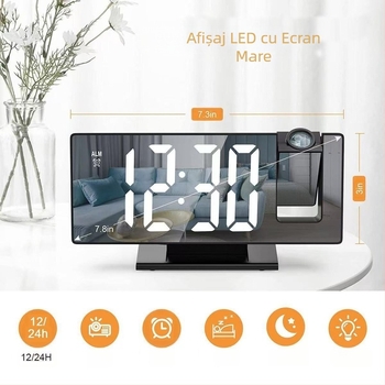 Ceas deșteptător cu proiecție în oglindă nouă, ecran mare, amânare mută, ceas electronic multifuncțional, ceas de birou digital luminos inteligent