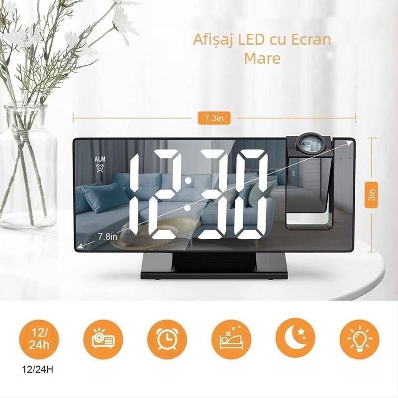Ceas deșteptător cu proiecție în oglindă nouă, ecran mare, amânare mută, ceas electronic multifuncțional, ceas de birou digital luminos inteligent