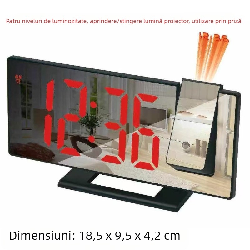 Ceas deșteptător cu proiecție în oglindă nouă, ecran mare, amânare mută, ceas electronic multifuncțional, ceas de birou digital luminos inteligent