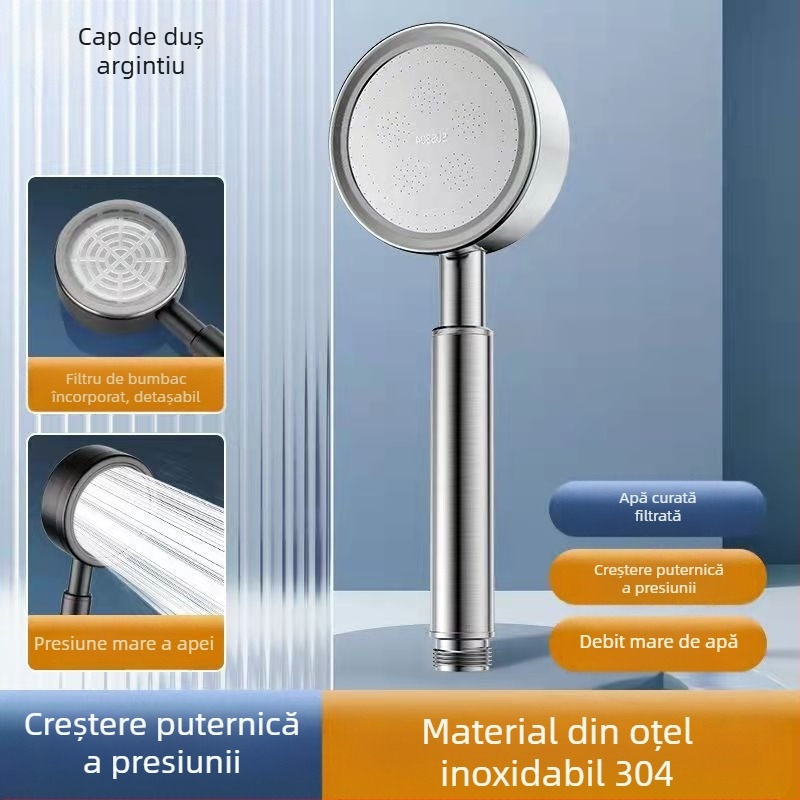 Cap de duș presurizat din oțel inoxidabil, anti-opărire și anti-cădere, duză reglabilă manuală, orificiu mare de ieșire a apei, set de duș cu pulverizator pătrat
