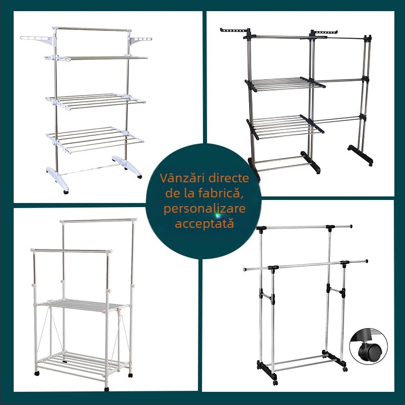 Cuier de haine din oțel inoxidabil cu o singură tijă și două îngroșate, pentru interior, balcon, uscare, cuvertură retractabilă mobilă pentru haine, podea