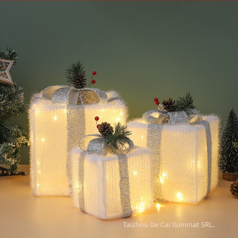 Set de cutii cadou luminoase de Crăciun cu trei LED-uri, costum pentru cutii cadou de Crăciun, lampă pentru cutii cadou de Crăciun, lampă decorativă interioară