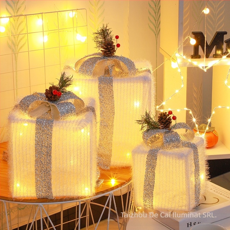 Set de cutii cadou luminoase de Crăciun cu trei LED-uri, costum pentru cutii cadou de Crăciun, lampă pentru cutii cadou de Crăciun, lampă decorativă interioară