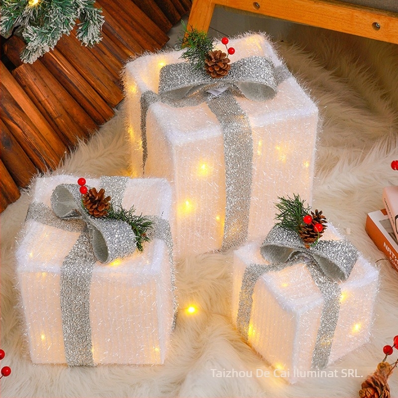 Set de cutii cadou luminoase de Crăciun cu trei LED-uri, costum pentru cutii cadou de Crăciun, lampă pentru cutii cadou de Crăciun, lampă decorativă interioară