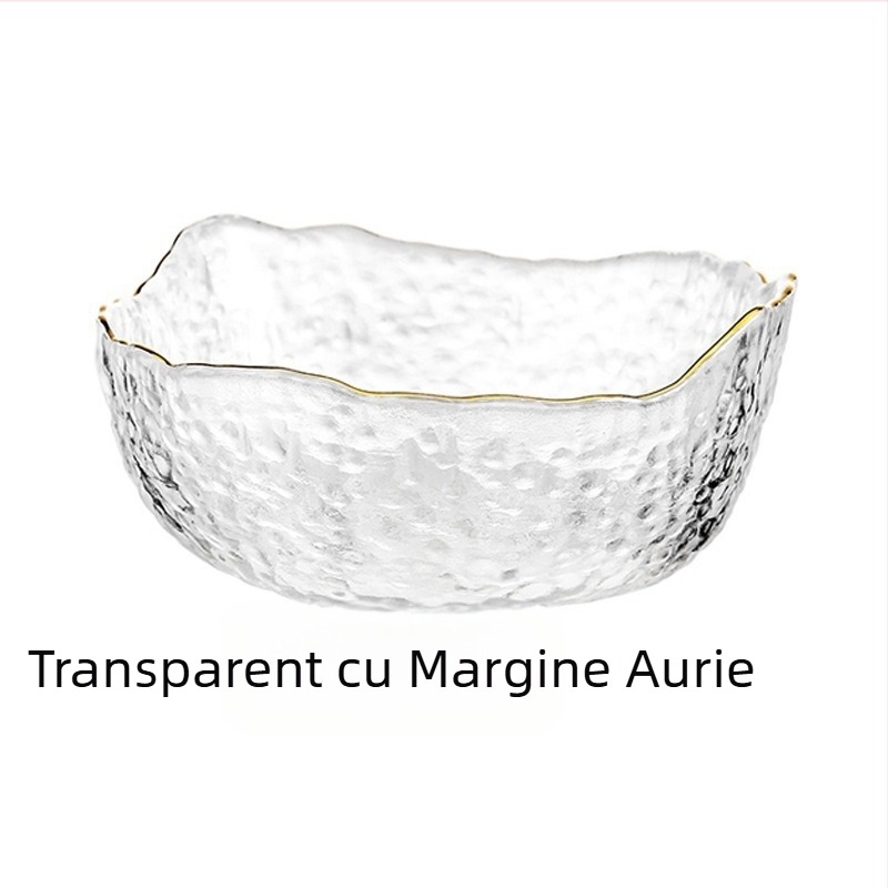 Bol de salată din sticlă ciocănită, neregulat, cu ramă aurie, pentru uz casnic, bol transparent de uz casnic, bol cu fructe cu un aspect de înaltă calitate