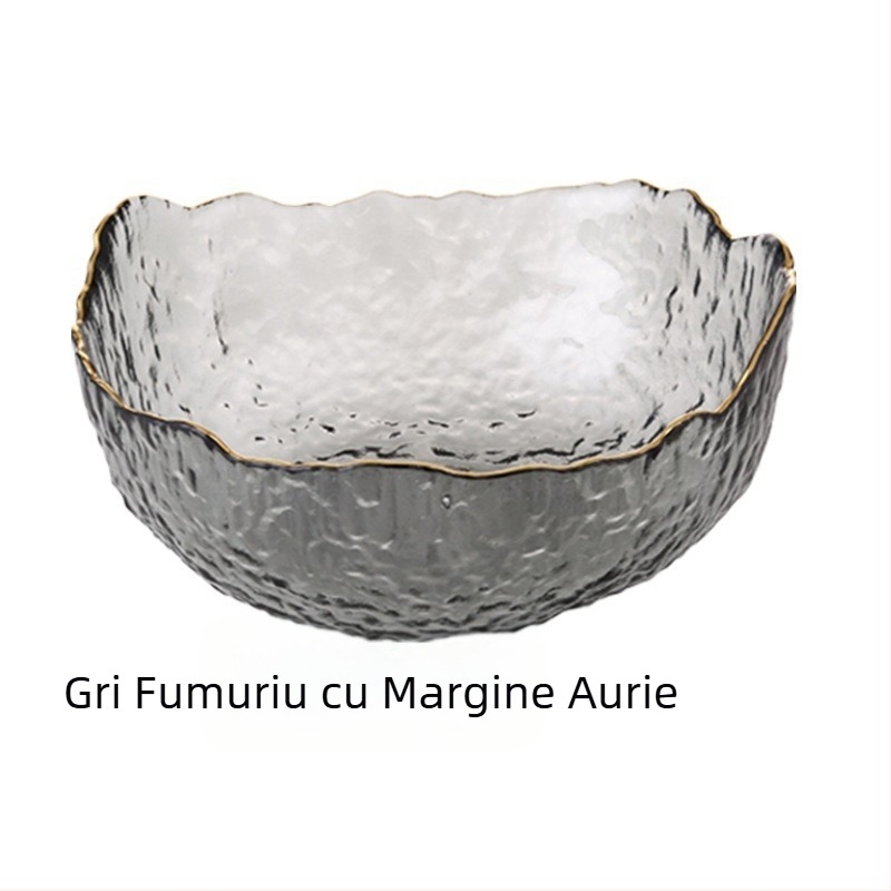 Bol de salată din sticlă ciocănită, neregulat, cu ramă aurie, pentru uz casnic, bol transparent de uz casnic, bol cu fructe cu un aspect de înaltă calitate