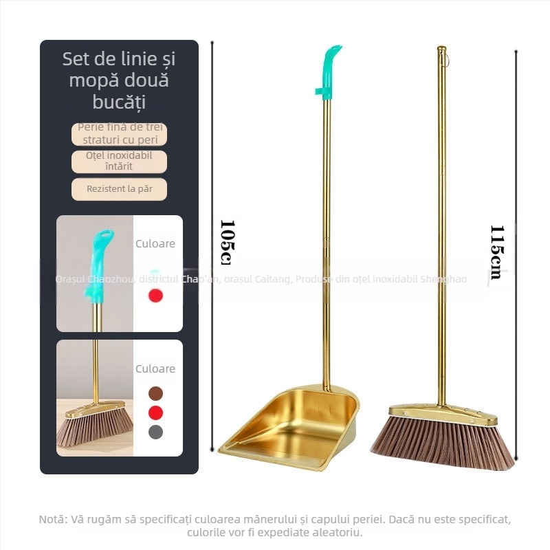 En-gros, îngroșat, din oțel inoxidabil, mătură de uz casnic, costum de aur, făraș de praf, lopată de gunoi, mătură combinată comercială de interior și exterior