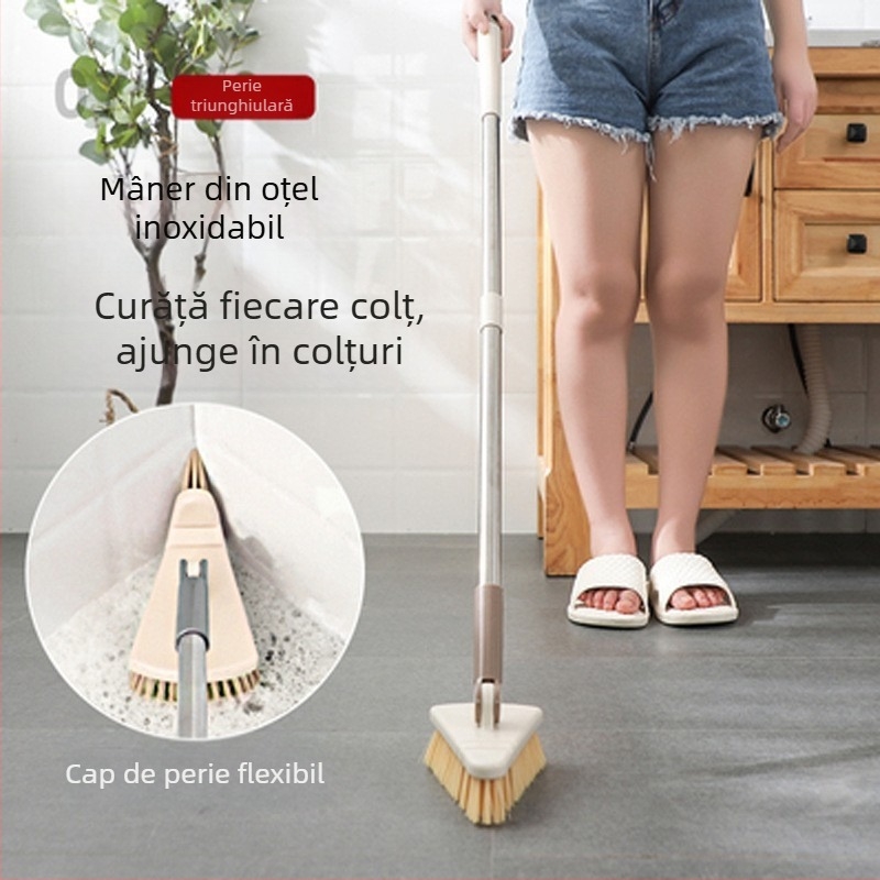 ♡ Perie triunghiulară pentru podea, perie cu peri duri cu mâner lung, perie pentru colțuri, perie pentru gresie și faianță, perie pentru curățarea băii, perie pentru toaletă, perie pentru podea