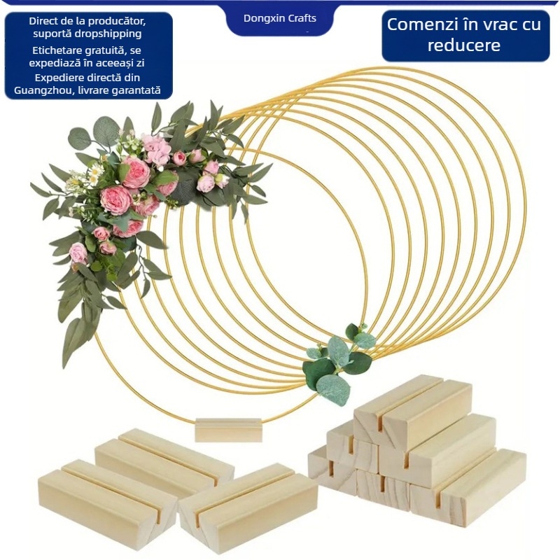 Inel de fier pentru coroană cu bază din lemn, coroană DIY, ornamente de nuntă pentru birou, în stoc, etichetare pentru păr de zi