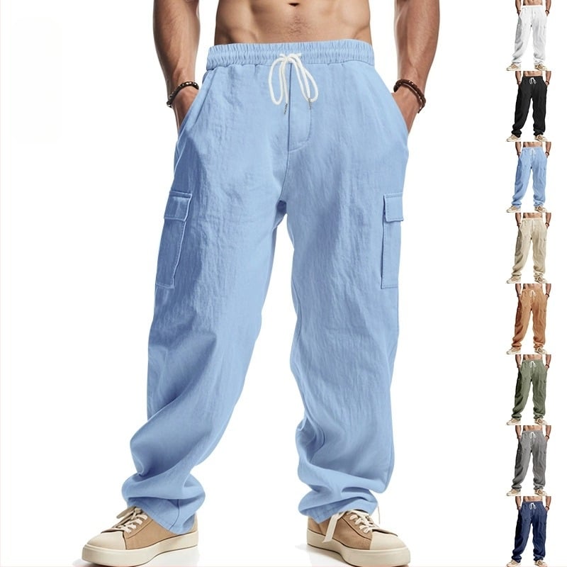 Îmbrăcăminte de lucru subțire și respirabilă din in pentru bărbați, cu buzunare multiple, lejeră, casual, la modă, cu picior larg, pentru bărbați, transfrontalieră Amazon