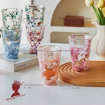 Sticlă dublă cu strat dublu, cu ridicata, Internet, celebrități, fete, cană de suc de uz casnic, cu conținut ridicat de borosilicat, izolație termică, floare reală, sticlă dublă cu strat dublu