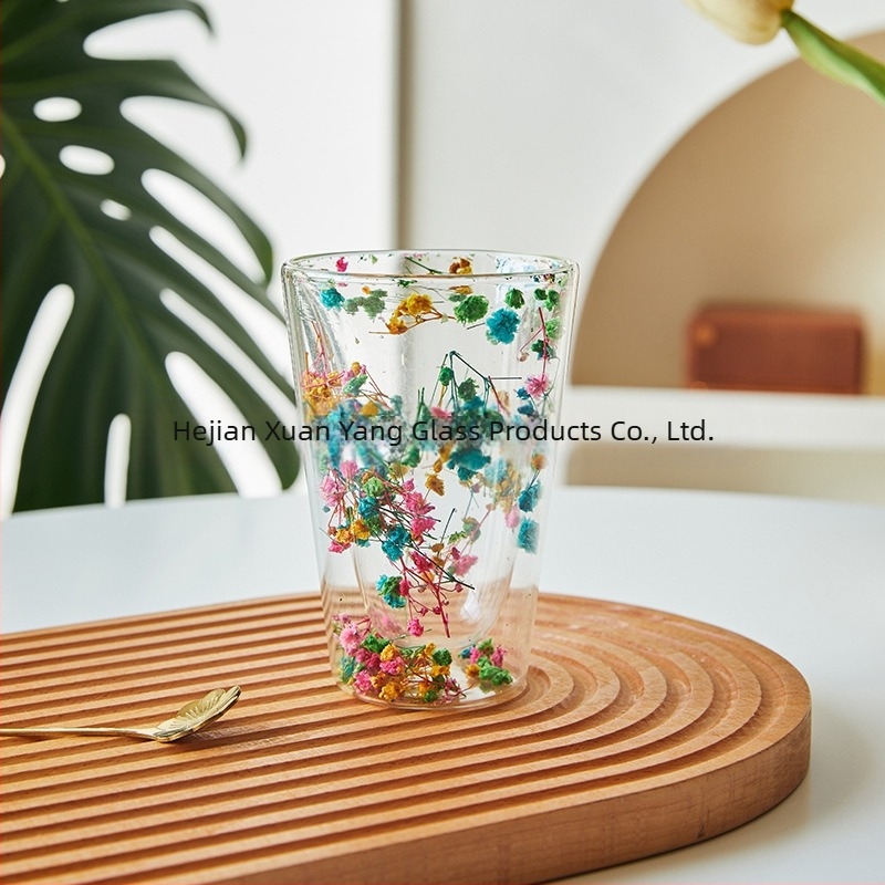 Sticlă dublă cu strat dublu, cu ridicata, Internet, celebrități, fete, cană de suc de uz casnic, cu conținut ridicat de borosilicat, izolație termică, floare reală, sticlă dublă cu strat dublu