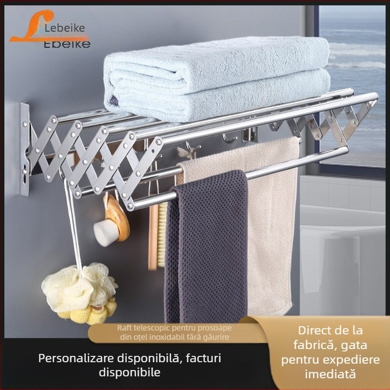 Suport retractabil pentru prosoape din oțel inoxidabil, fără perforare, balcon, uscător de haine, baie, suport pliabil pentru prosoape, extensibil