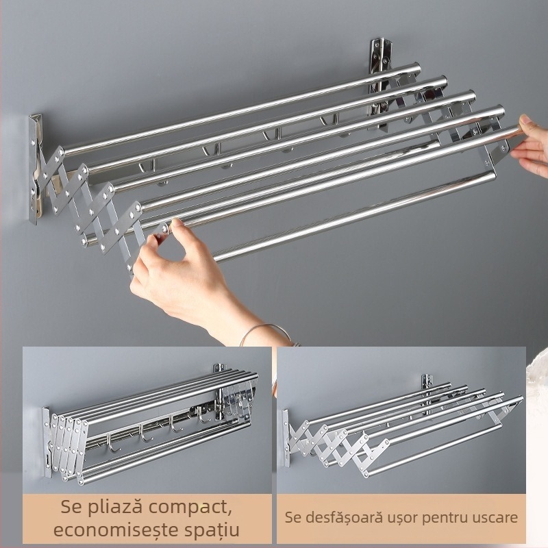 Suport retractabil pentru prosoape din oțel inoxidabil, fără perforare, balcon, uscător de haine, baie, suport pliabil pentru prosoape, extensibil
