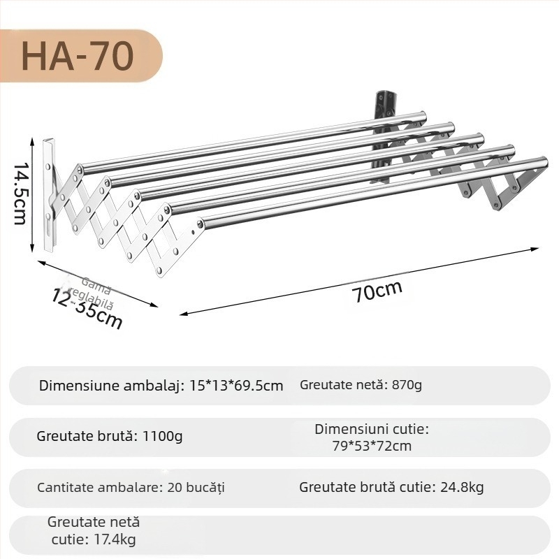 Suport retractabil pentru prosoape din oțel inoxidabil, fără perforare, balcon, uscător de haine, baie, suport pliabil pentru prosoape, extensibil