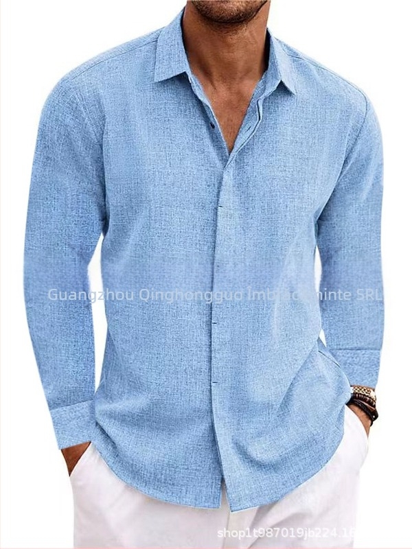 Tricou bărbați din in cu mânecă lungă, lenjerie intimă, culoare pură, bumbac și in, cămașă de mărime mare, casual, versatil, la modă, îmbrăcăminte de lucru