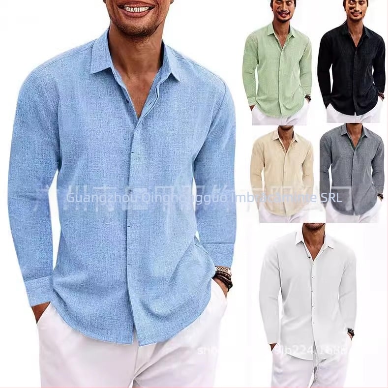 Tricou bărbați din in cu mânecă lungă, lenjerie intimă, culoare pură, bumbac și in, cămașă de mărime mare, casual, versatil, la modă, îmbrăcăminte de lucru