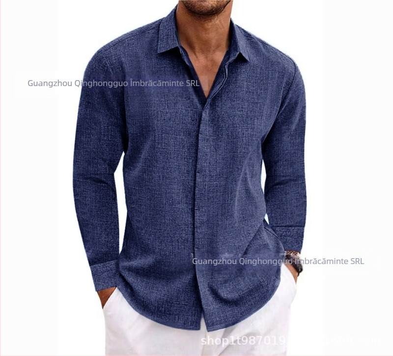 Tricou bărbați din in cu mânecă lungă, lenjerie intimă, culoare pură, bumbac și in, cămașă de mărime mare, casual, versatil, la modă, îmbrăcăminte de lucru