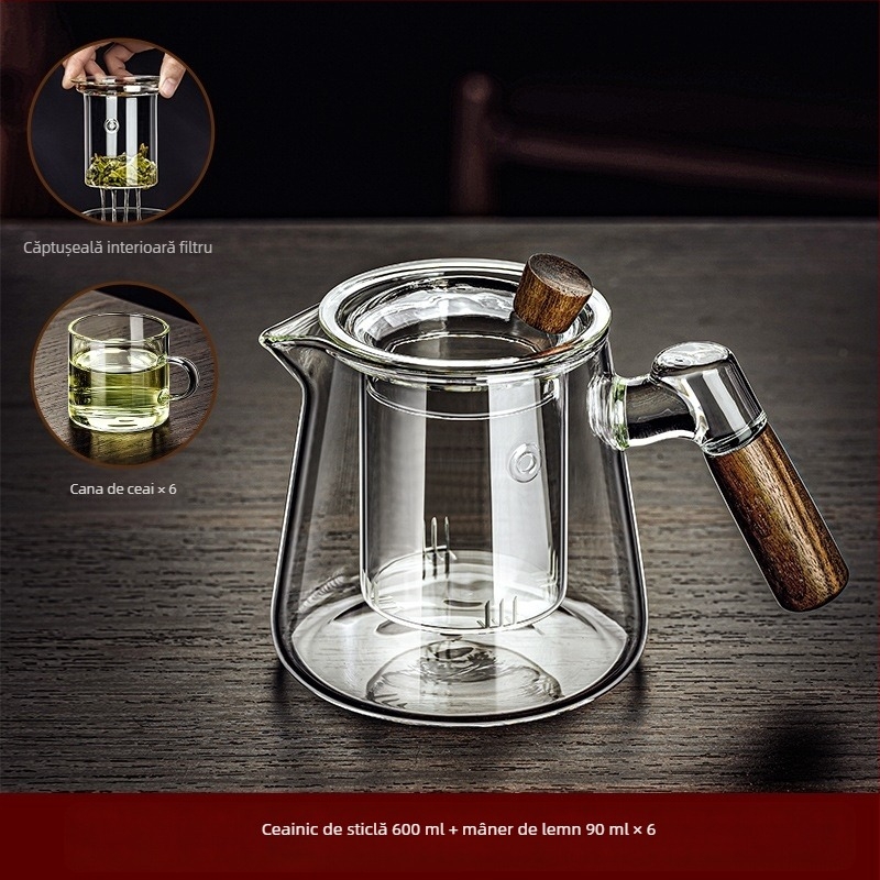 Ceainic din sticlă borosilicată, ceainic rezistent la temperaturi ridicate, mâner din lemn, ceainic cu flori, set de ceai pentru uz casnic, pentru prepararea ceaiului