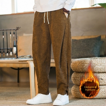 Pantaloni din catifea reiată pentru bărbați, stil chinezesc, toamnă și iarnă, căptușiți cu fleece, pantaloni casual îngroșați, pantaloni drepți largi, pantaloni Harlan de mărime mare