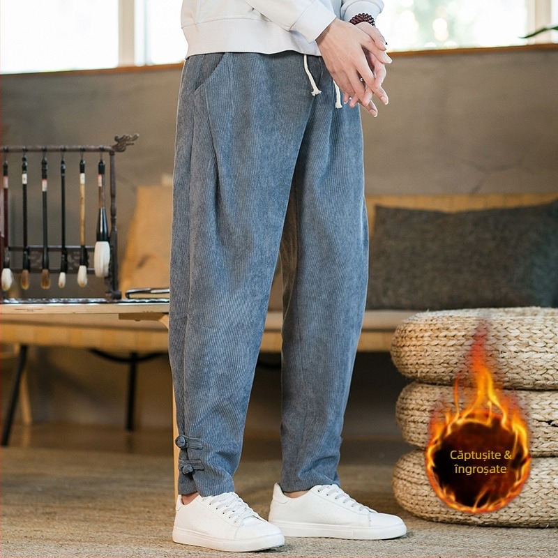 Pantaloni din catifea reiată pentru bărbați, stil chinezesc, toamnă și iarnă, căptușiți cu fleece, pantaloni casual îngroșați, pantaloni drepți largi, pantaloni Harlan de mărime mare