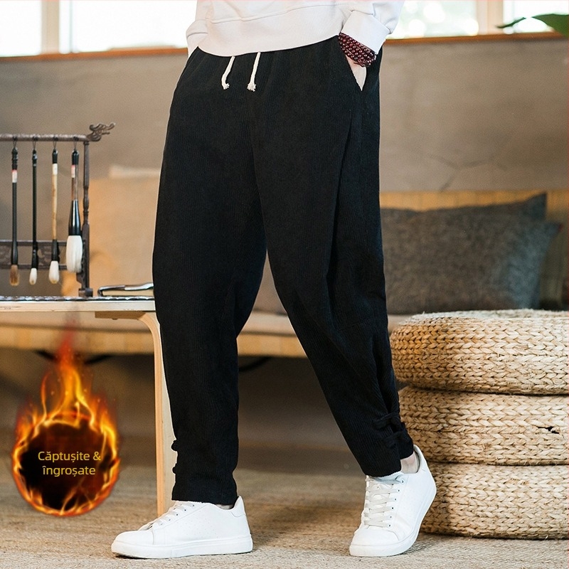 Pantaloni din catifea reiată pentru bărbați, stil chinezesc, toamnă și iarnă, căptușiți cu fleece, pantaloni casual îngroșați, pantaloni drepți largi, pantaloni Harlan de mărime mare