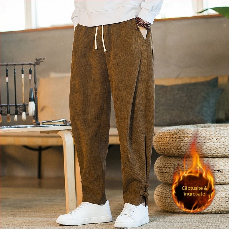 Pantaloni din catifea reiată pentru bărbați, stil chinezesc, toamnă și iarnă, căptușiți cu fleece, pantaloni casual îngroșați, pantaloni drepți largi, pantaloni Harlan de mărime mare