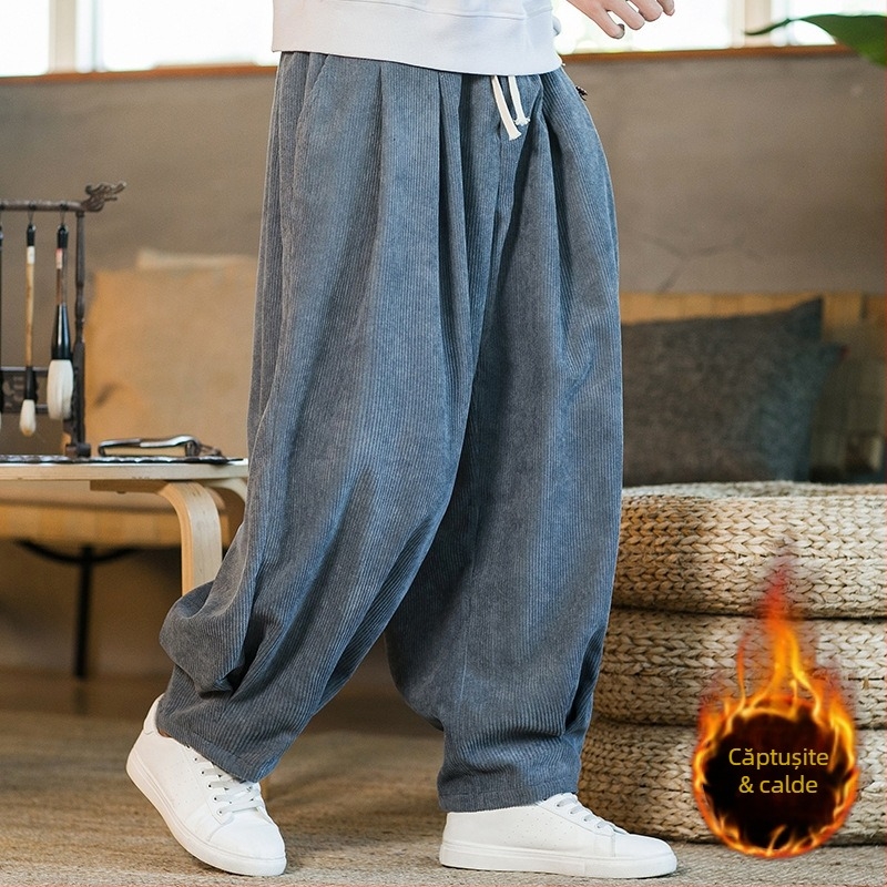 Pantaloni din catifea reiată pentru bărbați, stil chinezesc, toamnă și iarnă, căptușiți cu fleece, pantaloni casual îngroșați, pantaloni drepți largi, pantaloni Harlan de mărime mare