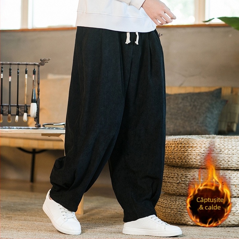 Pantaloni din catifea reiată pentru bărbați, stil chinezesc, toamnă și iarnă, căptușiți cu fleece, pantaloni casual îngroșați, pantaloni drepți largi, pantaloni Harlan de mărime mare