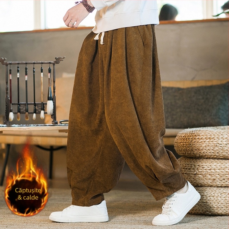 Pantaloni din catifea reiată pentru bărbați, stil chinezesc, toamnă și iarnă, căptușiți cu fleece, pantaloni casual îngroșați, pantaloni drepți largi, pantaloni Harlan de mărime mare