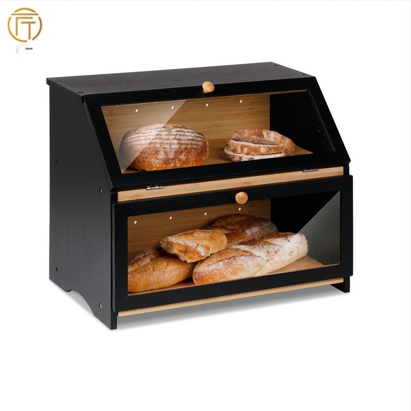 În stoc Cutie de pâine Blat de bucătărie Cutie de pâine din bambus Recipient de depozitare a pâinii de mare capacitate cu suport pentru pâine cu fereastră