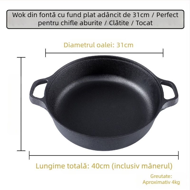 Tigaie din fontă pentru clătite de uz casnic, tigaie pentru clătite crude, tigaie multifuncțională, tigaie din fier brut, tigaie antiaderentă neacoperită