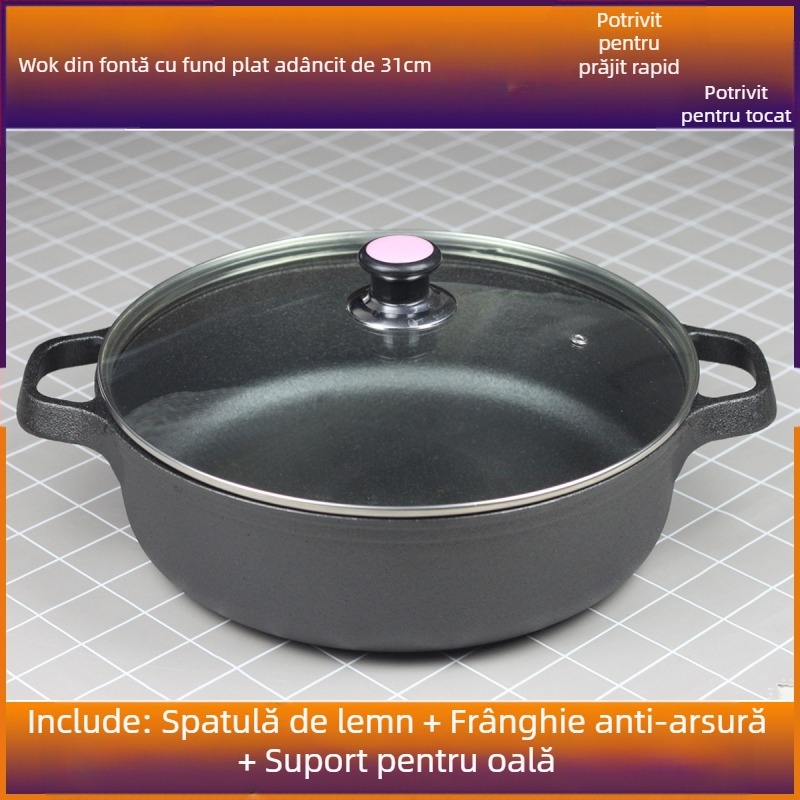 Tigaie din fontă pentru clătite de uz casnic, tigaie pentru clătite crude, tigaie multifuncțională, tigaie din fier brut, tigaie antiaderentă neacoperită