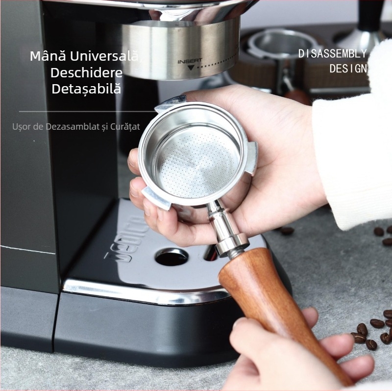 Mâner pentru aparat de cafea italian, mâner din lemn masiv, mâner din oțel inoxidabil cu trei urechi, mâner Delong fără fund, 51 mm