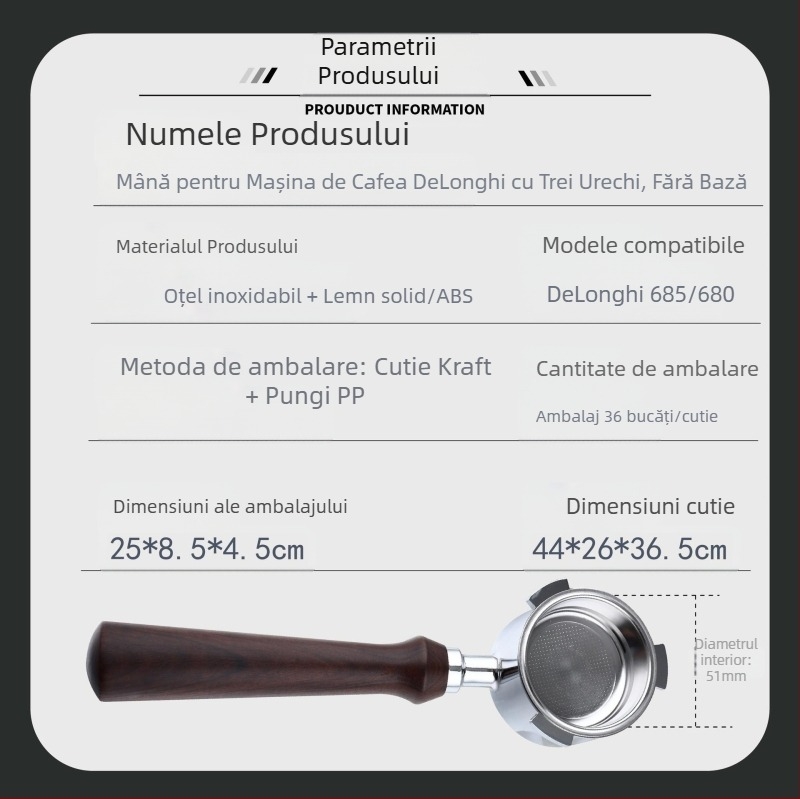 Mâner pentru aparat de cafea italian, mâner din lemn masiv, mâner din oțel inoxidabil cu trei urechi, mâner Delong fără fund, 51 mm