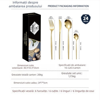 Set de 24 de piese de veselă portugheză Amazon transfrontalieră aurie, cuțit, furculiță și lingură pentru friptură, costum de masă de mare valoare