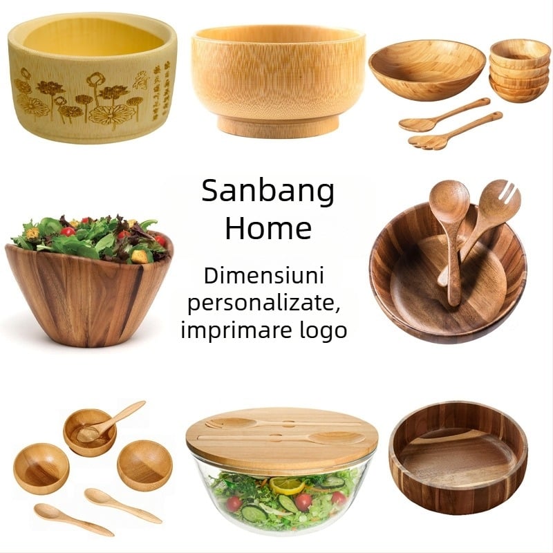 Bol de salată din lemn de salcâm pentru uz casnic, bol din bambus natural, bol extra-mare pentru tăiței din lemn, bol anti-cădere și anti-opărire pentru copii
