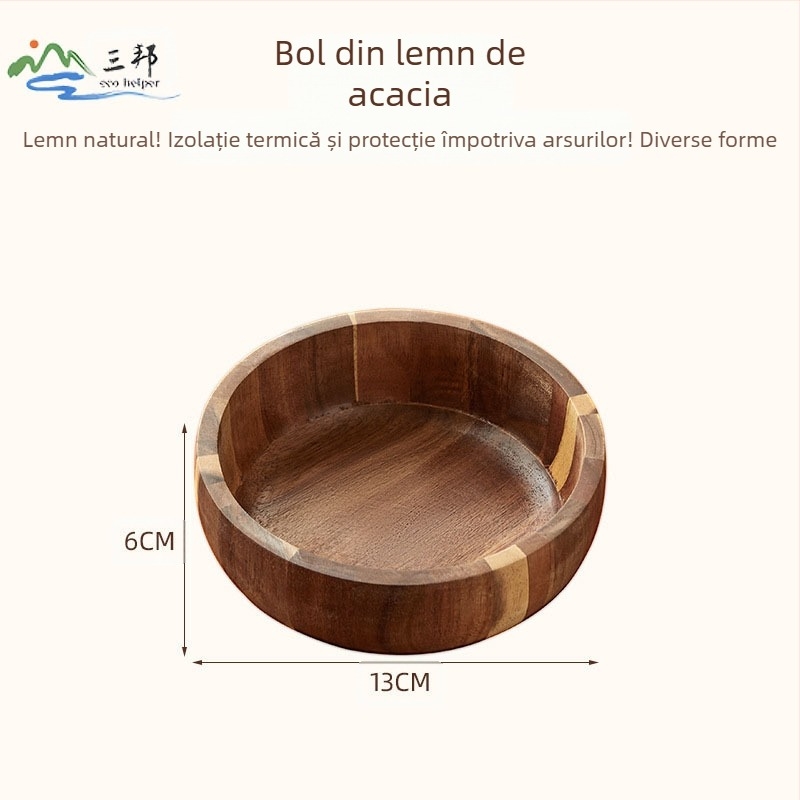 Bol de salată din lemn de salcâm pentru uz casnic, bol din bambus natural, bol extra-mare pentru tăiței din lemn, bol anti-cădere și anti-opărire pentru copii