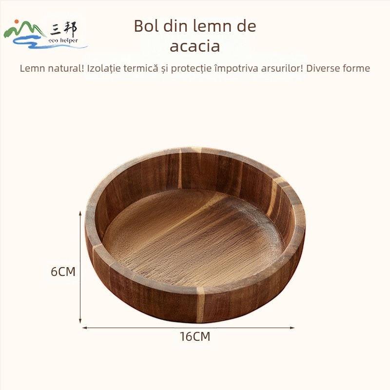 Bol de salată din lemn de salcâm pentru uz casnic, bol din bambus natural, bol extra-mare pentru tăiței din lemn, bol anti-cădere și anti-opărire pentru copii