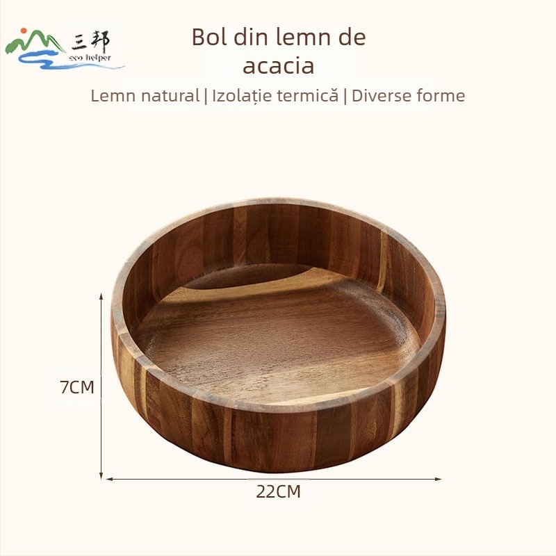Bol de salată din lemn de salcâm pentru uz casnic, bol din bambus natural, bol extra-mare pentru tăiței din lemn, bol anti-cădere și anti-opărire pentru copii